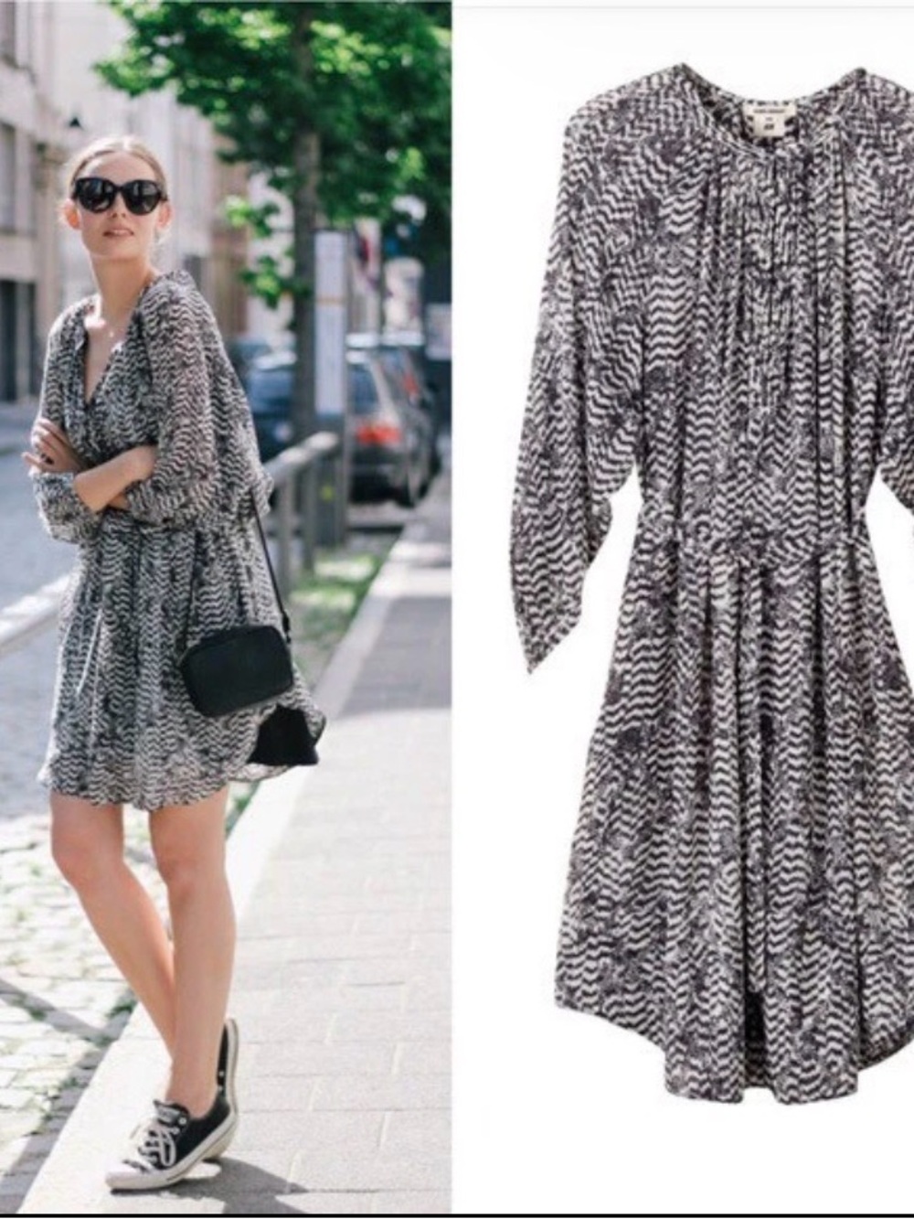 Boho Style Isabel Marant X HM Long-Sleeve Mini Dress - Black & White size 10